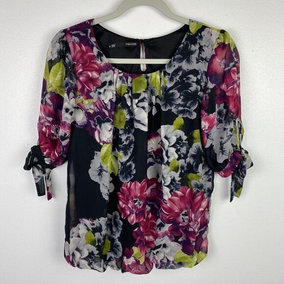 Maurices Floral Sheer Pleated Blouse Women's Small Keyhole Back Tied Half Sleeve - Picture 7 of 8